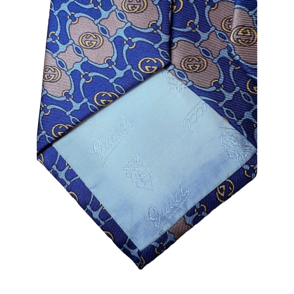 Gucci Mens Tie Blue Gold GG Logo Horsebit Jacquard Vintage Excellent Condition - Picture 3 of 3